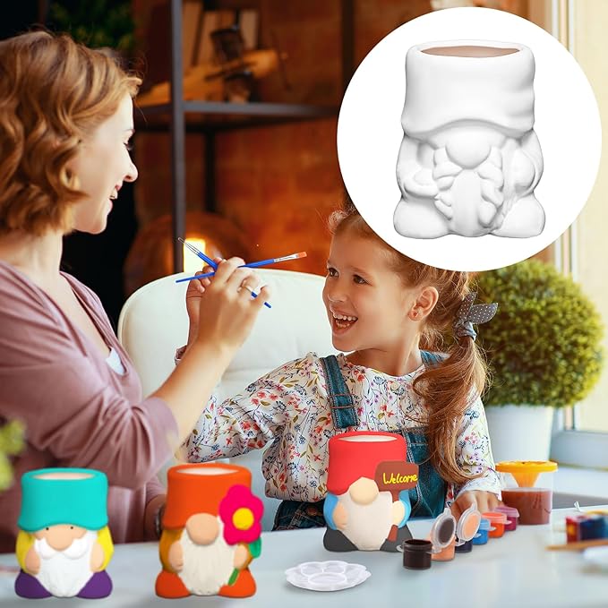 Beeveer 6 Sets Paint Your Own Gnomes Succulent Planter Cute Mini Unpainted Flower Pots DIY Paintable Succulent Pots for Christmas Classroom DIY Craft Project Activity
