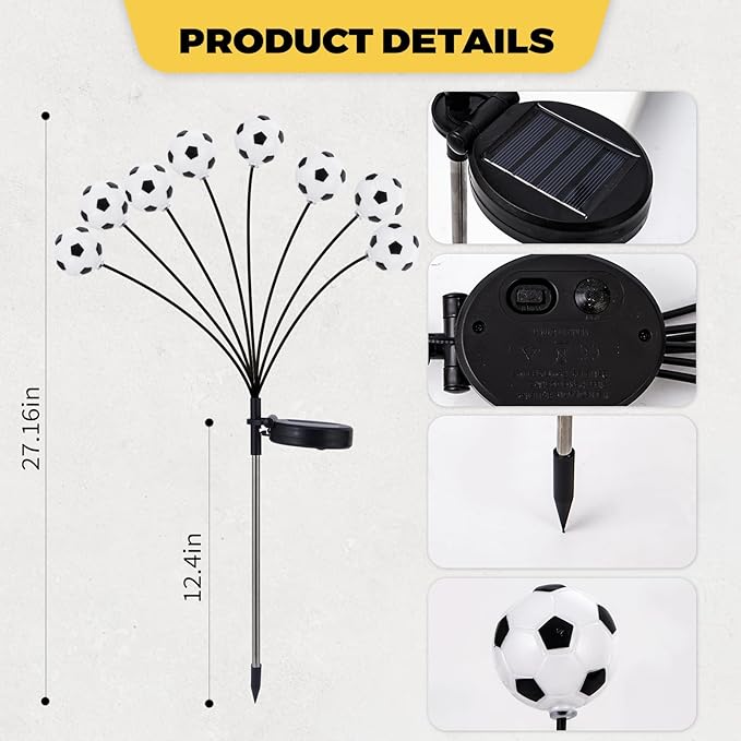 Solar Football Garden Lights – Swaying LED Solar Lights Outdoor for World Cup Decor, Outdoor Waterproof Patio & Yard Lights with Flexible Wire & Heavy Base, Warm White (4 Pack)