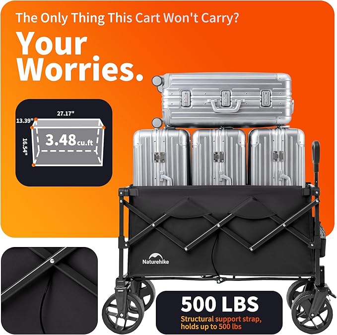 Naturehike Big Wheels Collapsible Wagon Cart, 300lbs Capacity Beach Wagons for Sand, Heavy Duty Foldable Cart with Brakes, Portable Utility Folding Garden Cart for Outdoor