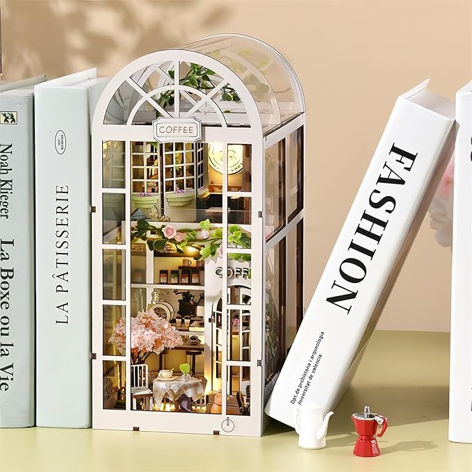Green House Book Nook Kit - DIY Miniature Coffee Garden 3D Wooden Puzzle, Booknook Bookshelf Decor for Adults Teens, Creative Craft Kits Gift for Family Friends