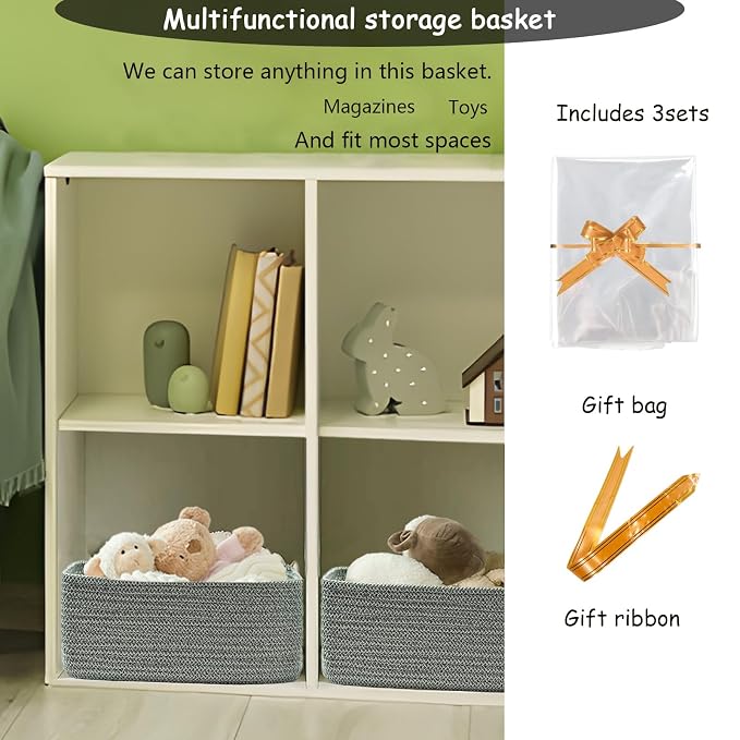 COMFY HOMI 11.5"x7.5"x4.7" Storage Baskets for Organizing | Cotton Rope Woven Basket | Toy Storage Bin Box | Basket for Shelves, Closet Organizer Bin, Decorative Closet Shelf, 3 Pack,
