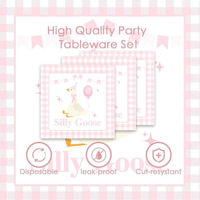 48Pcs Pink One Silly Goose Birthday Party Supplies with Plates,Napkins and Forks,Goose Birthday Party or Baby Shower Decorations Set for 16 Guests