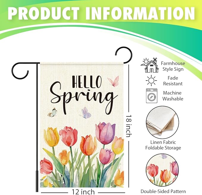 Hello Spring Flags for Outside,Tulip Garden Flag for Yard Patio Lawn Decoration,12x18 Inch Double Sided