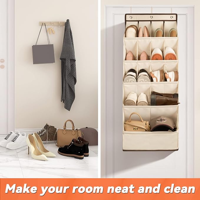 1 Pack Over the Door Shoe Organizers, Hanging Organizers with Large Pockets | with Large Deep Pocket Shoe Holder for Closet Shoes Rack for Wall, Over Door Shoe Storage Hold up to 18 Pairs Shoes, Beige