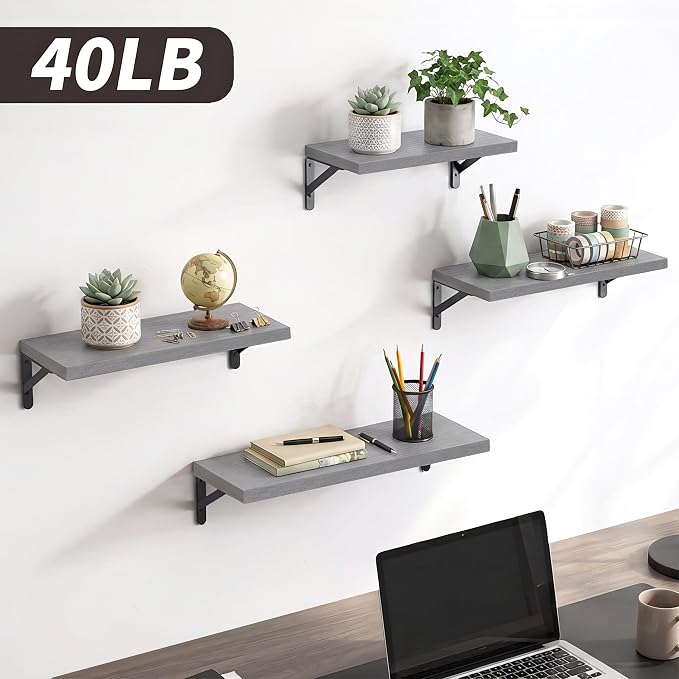 YGEOMER 4 Different Sizes Floating Shelves for Wall Home Decor, Grey | Rustic wood shelves in mixed sizes for flexible combined storage. Fits bathroom, kitchen, living room, bedroom and office.