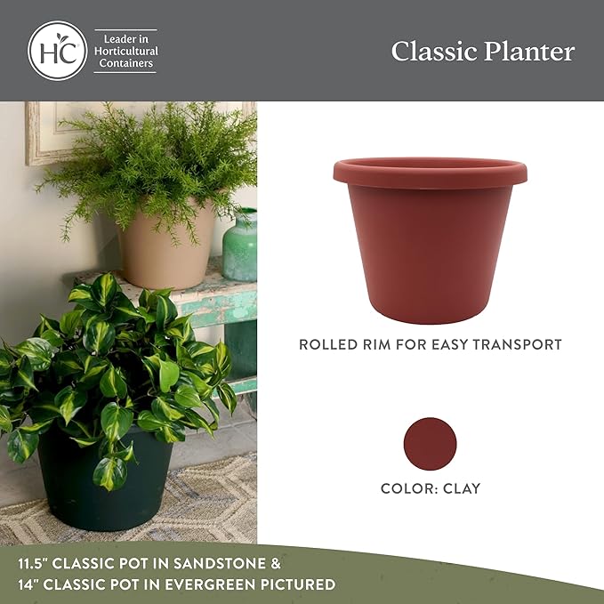 The HC Companies Classic Round Plastic Plant Pot w/Rolled Rim - Lightweight & UV Resistant Flower Pot for Herbs & More - Outdoor & Indoor Plant Pots w/Drainage (14 inch Clay, Pack of 1)