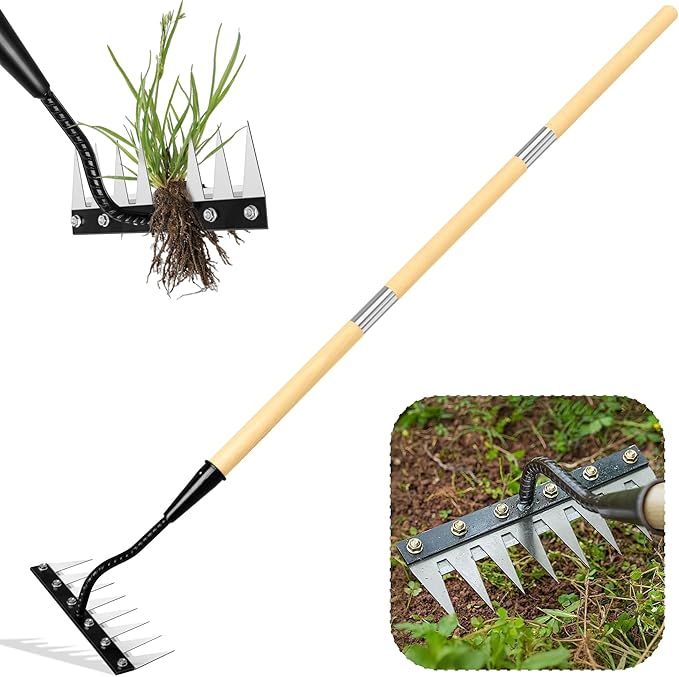 Weed Puller Tool, Iron Weeding Rake with Handle 2.0, Upgraded 8 Teeths Garden Weeding Tool Heavy Duty Gardening Tool for Lawn, Flower Beds & Soil Aeration