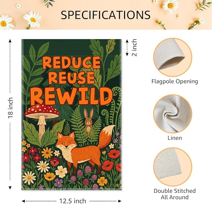 Reduce Reuse Rewild Garden Flags for Outside, Sustainable Garden Flag, Porch Banner for Nature Lovers, Eco-Friendly Yard Sign, Earth Day Front Porch Decor, Cut Fox with Forest Sign Yard Flag