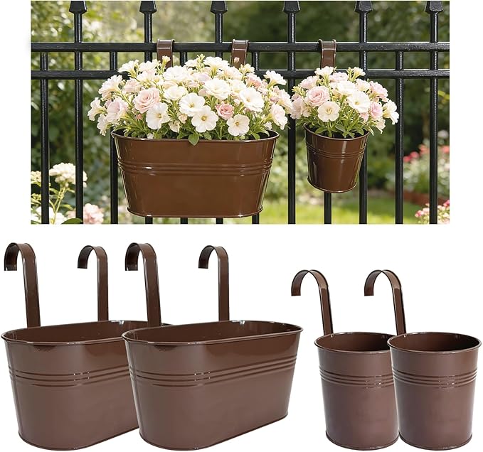 Pack of 4 Metal Hanging Planters for Outdoor Plants, 2 Pcs 4" Round Railing Planter & 2 Pcs 10" Oval Fence Flower Pots for Balcony Garden Decor, Chocolate