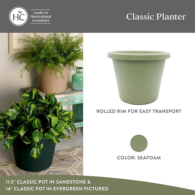 The HC Companies 11.5 Inch Classic Round Planter Pots with Drainage, Rolled Rim Plastic Planters for Indoor & Outdoor Plants, 2-Pack Decorative Flower Pots for Garden, Office & Home Decor, Seafoam