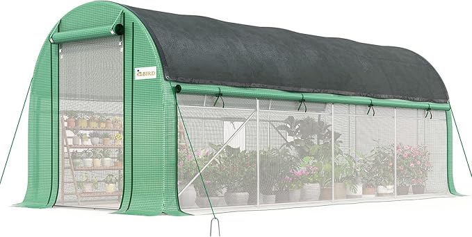 KING BIRD Premium 15x7x7 FT Greenhouse for Outdoors, Large Walk-in Heavy Duty Galvanized Steel Frame, Mesh Door Screen Window Tunnel Hoop Garden Plant Winter Hot House with Side Mesh&Shade Net, Green