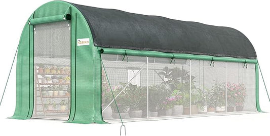 KING BIRD Premium 15x7x7 FT Greenhouse for Outdoors, Large Walk-in Heavy Duty Galvanized Steel Frame, Mesh Door Screen Window Tunnel Hoop Garden Plant Winter Hot House with Side Mesh&Shade Net, Green