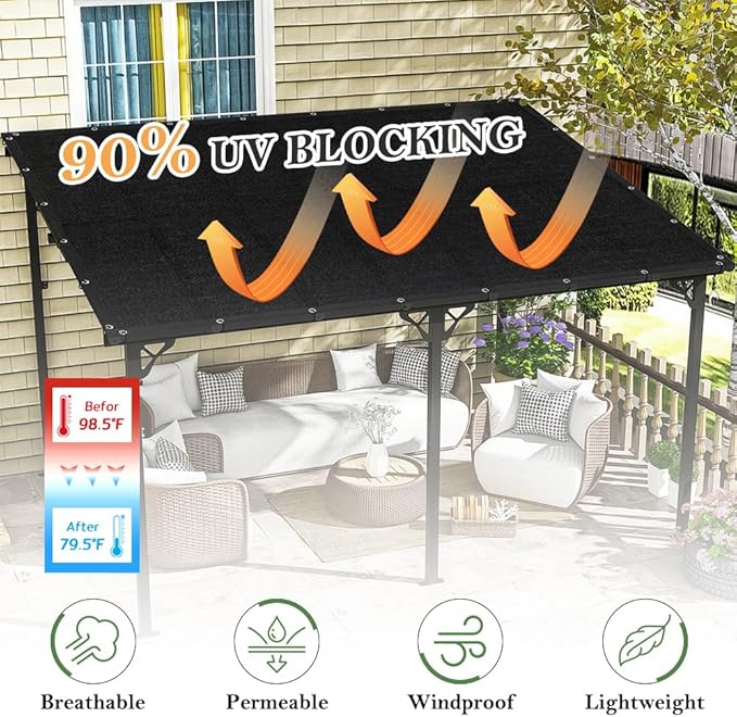 SEEYE 90% Sun Shade Cloth, 10 x 12 FT Durable Privacy Screen Shade Cover, Pergola Shade Cover with Grommets, UV Block Mesh Tarp for Plant Cover, Greenhouse, Patio, Chicken Coop, Balcony, Black