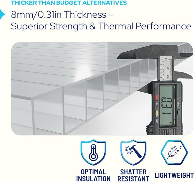 KASTLITE Polycarbonate Greenhouse Panels | 8mm Twin Wall Polycarbonate Roof Panels | 0.31" Clear, 2-Layer Polycarbonate Sheets | Shatterproof, UV Protected, Waterproof for Gardens Patios Backyards