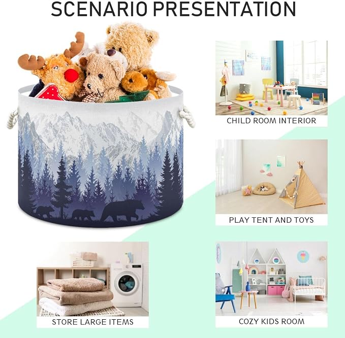 Bear Family Print Round Storage Basket Collapsible with Handle