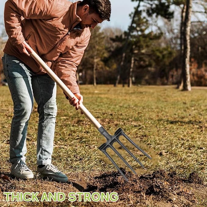 Mikikit 11 Inch Heavy Duty Four-Prong Steel Pitch Fork Replacement Head for Soil Loosening Digging Ground Preparation Farming and Landscaping Tool