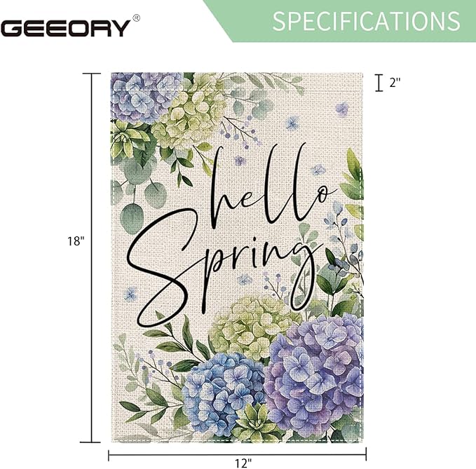 GEEORY Hello Spring Hydrangea Eucalyptus Garden Flag 12x18 Inch, Double Sided Spring Summer Decor, Farmhouse Rustic Outdoor Floral Flag Outside Yard Lawn Decoration