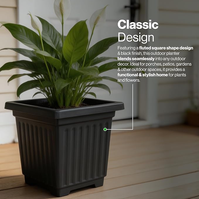 12 Inch Venetian Square Plant Pots with Drainage Holes, Lightweight UV-Resistant Plastic Outdoor Planters, 2-Pack Flower Pots for Patio & Garden Decor, Black