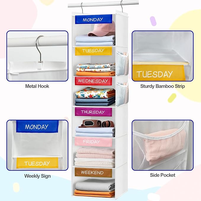 homyfort Weekly Clothes Organizer for Kids, 6-Shelf Hanging Closet Organizer with Colorful Labels, Space Saving Design with 2 Pockets, Daily Hanging Closet Shelves for Kids Room Storage, White