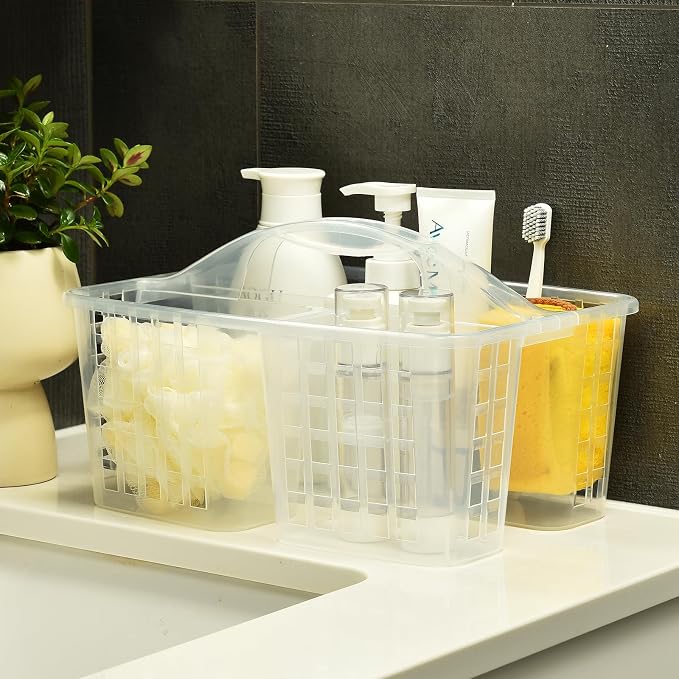 ALINK Plastic Shower Caddy Basket with Compartments, Portable Divided Cleaning Supply Storage Organizer with Handle for College Dorm Bathroom - Clear