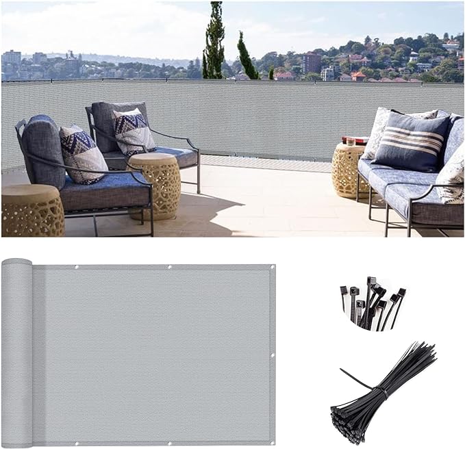 SUNLAX 3'x10' Grey Balcony Privacy Screen Fence Windscreen Cover Fabric Shade Netting Mesh Cloth with Grommets UV Protection for Patio, Backyard, Porch, Railing Shield 90% (We Make Custom Sizes)