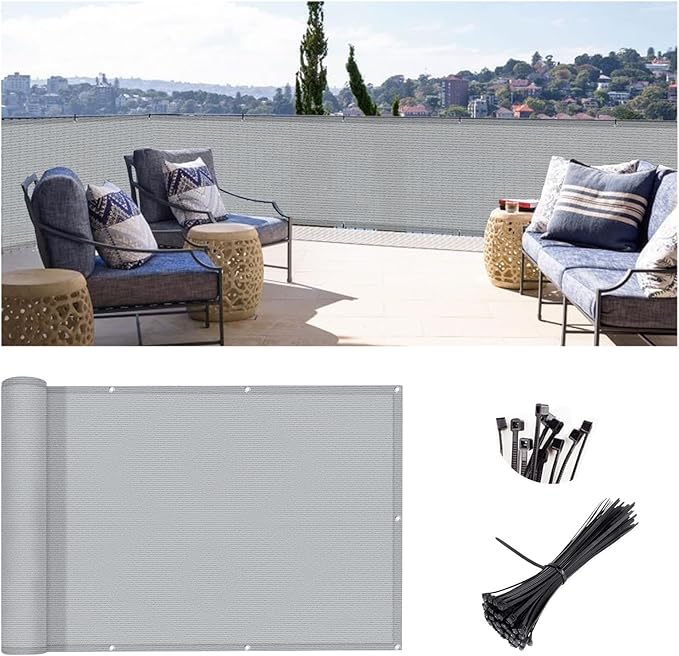 SUNLAX 3.3'x19.7' Grey Balcony Privacy Screen Fence Windscreen Cover Fabric Shade Netting Mesh Cloth with Grommets UV Protection for Patio, Backyard, Porch, Railing Shield 90%