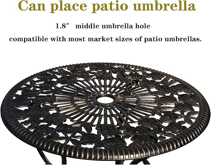3-Piece Cast Aluminum Outdoor Bistro Set, Outdoor Table and Chairs Set of 2 with Umbrella Hole for Patio Garden (Bronze, Rose)