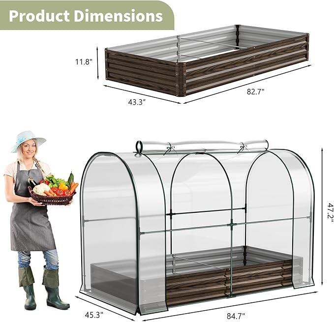 SUNYRISY Galvanized Raised Garden Bed with Greenhouse, Outdoor Metal Planter Box Kit with Bed Cover, Garden Box Protection for Gardening Vegetables Flowers Herbs Planting, Wood Grain