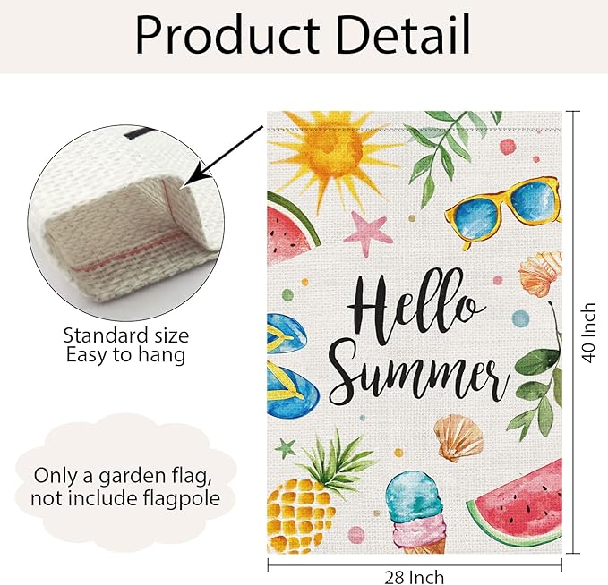 Hello Summer House Flag 28x40 Inch Double Sided for Outside, Burlap Colorful Sun Ice Cream Fruits Beach Sign Yard Outdoor Decoration
