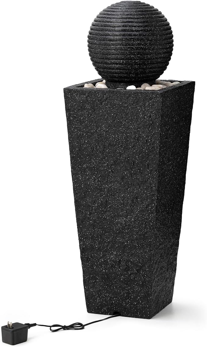 Glitzhome Outdoor Water Fountain, 40.25"H Modern Geometric Pedestal and Sphere Polyresin Waterfall Fountain, Outdoor Fountain with Pebbles, Pump and LED Light for Patio, Backyard, Garden, Deck(Black)