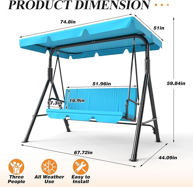 GARTOO 3-Seat Patio Swing Chair, Outdoor Porch Swing with Adjustable Canopy and Durable Steel Frame for Patio, Garden, Poolside(Turquoise)