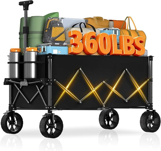 7.8 Cu ft Extra Large Foldable Wagon Cart, 360lbs Capacity, All-Terrain Beach Wagon with Big Wheels for Sand, Compact Fold Easy Storage, 220L Collapsible Utility Cart for Grocery Sports Garden Camping