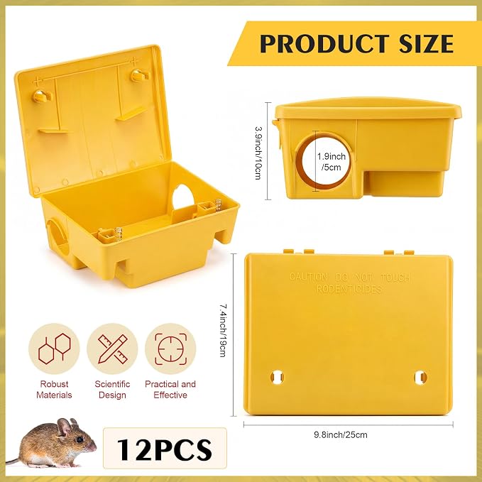 Qualirey 12 Packs Rat Bait Station Box Outdoor Rodent Rat Traps with Key Mouse Bait Station Indoor Mice Box for Outdoor Use Keeping Pets and Children Safe (Yellow)