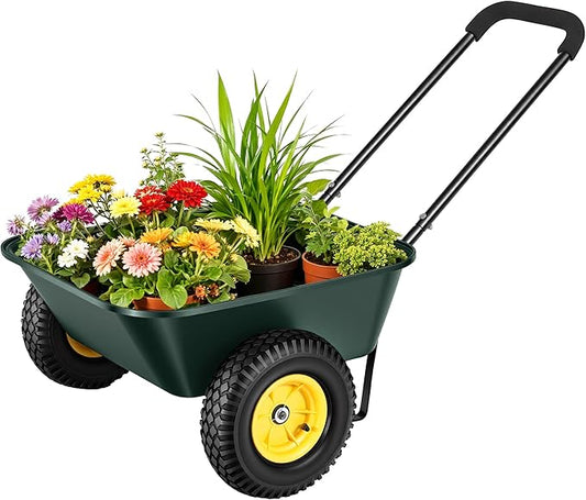 2 Wheel Wheelbarrow, Dual-Wheel Garden Dump Cart with 10" Non-Slip Pneumatic Tires & Ergonomic Padded Handle, Heavy-Duty Home Utility Yard Cart Wagon with 3 Cu Ft Capacity for Lawn, Gardening