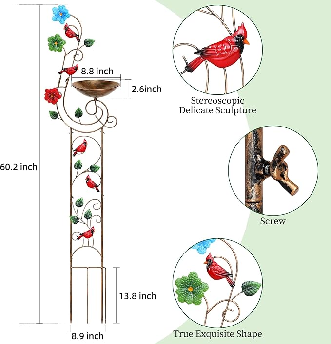 YADOOLIFE 57” Bird Bath with Garden Trellis for Climbing Plants Outdoor, Small Decorative Trellises Metal Birdbath Bird Baths, 1 Piece (Redbird)