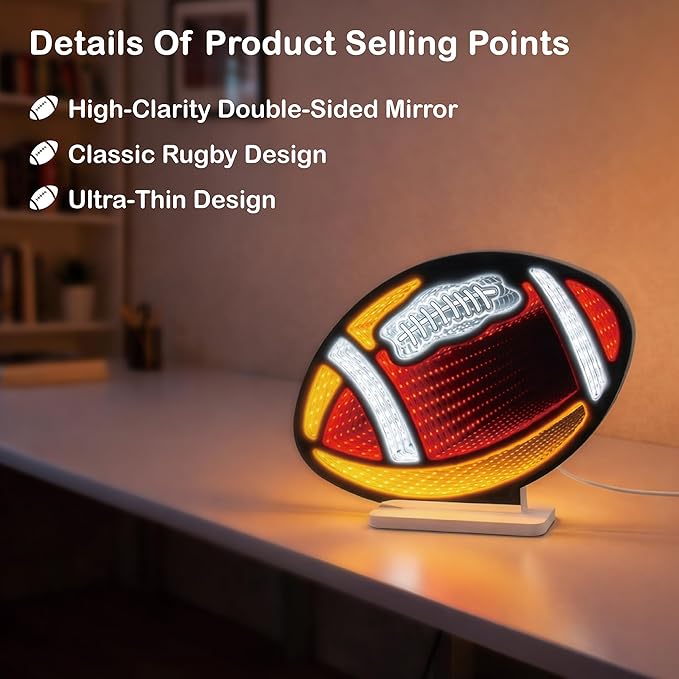 3D Football Infinity Mirror Light, LED Infinity Mirror Night Light with Endless Sports Tunnel Effect, USB Powered 3D LED Lights for Man Cave & Game Room Decor, Gift for Fans Men, 11"x8.3"