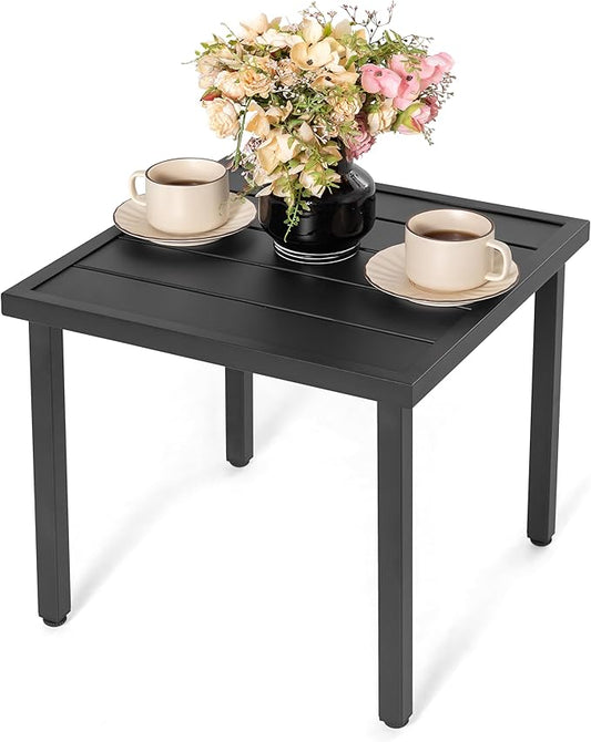 NUU GARDEN Square Outdoor Side Table with Slatted Top and Adjustable Feet, Powder-Coated Metal Patio Table, All-Weather Patio Coffee Table for Backyard Pool Porch Garden Lawn, Black