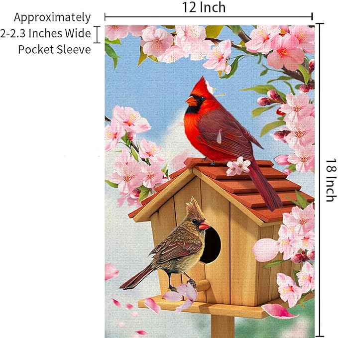 Spring Cardinal Bird Garden Flag 12x18 Inch Double Sided Burlap Outdoor Flag Decorations Pink Flowers Tree Summer Farmhouse Holiday Outside Decorations Burlap Yard Flag