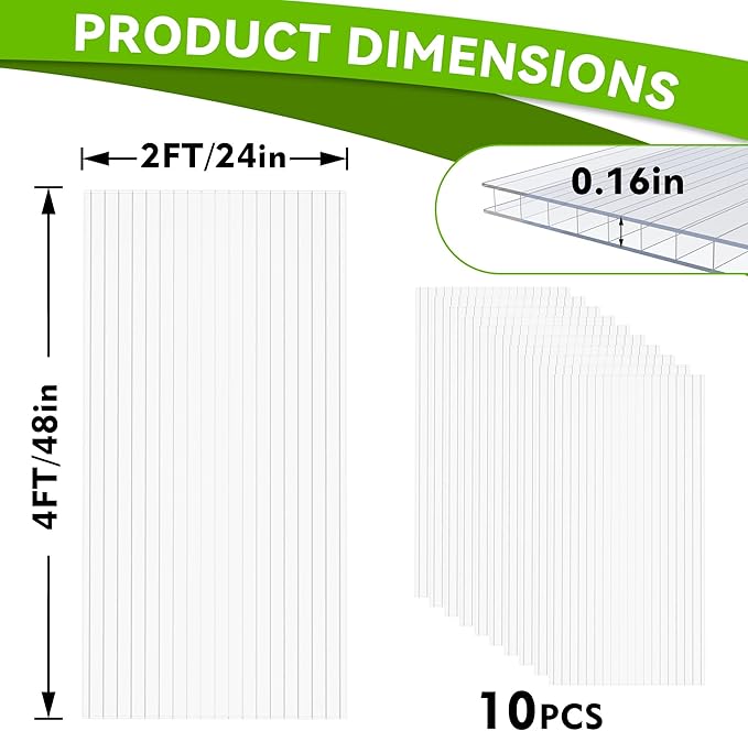 10 Pcs Polycarbonate Greenhouse Panels, 4’ x 2’ x 0.16” Polycarbonate Sheet, Twin-Wall Plastic Panels for DIY Cold Frame & Pergola Roof, Window, Wall