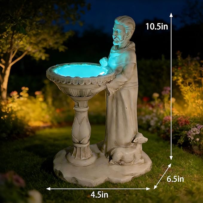 Sheaifun St Francis Garden Statue Outdoor Solar Garden Decor Resin 10.5 Inch Tall Colorful Lights St Francis Statue with Bird Bath Feeder for Yard Patio Lawn Decoration Religious Gardening Gifts