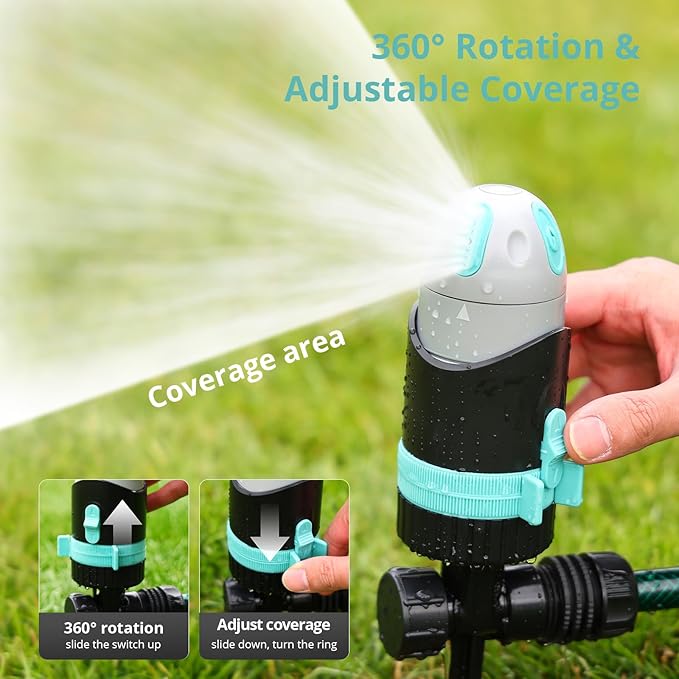 QUOBAS 2 Pack Sprinkler for Yard, 4 Spray Modes, 360° Adjustable Rotation, Heavy Duty Metal Spike with Built-in Filter, Water Diameter up to 50ft for Garden Plant, Flower Bed and Large Yard Area