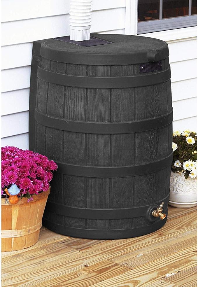 Good Ideas Rain Wizard 50 Gallon Plastic Rain Barrel, Black Bundled with 50 Foot Soaker Hose, Gradual Water Release to Plants, for 3/4" Spigots, Black