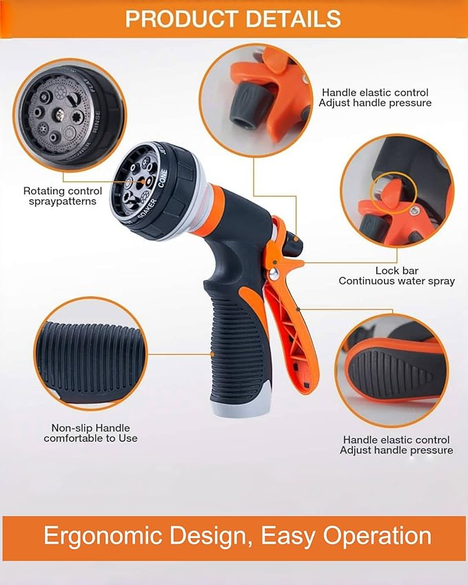 Garden Hose Nozzle, New Upgraded Version High-Pressure 8 Spray Patterns Adjustable Hose Sprayer Nozzle, ABS Slip Resistant, Water Hose Nozzle for Plant Watering, Car Wash, Showering Pets-2Pack