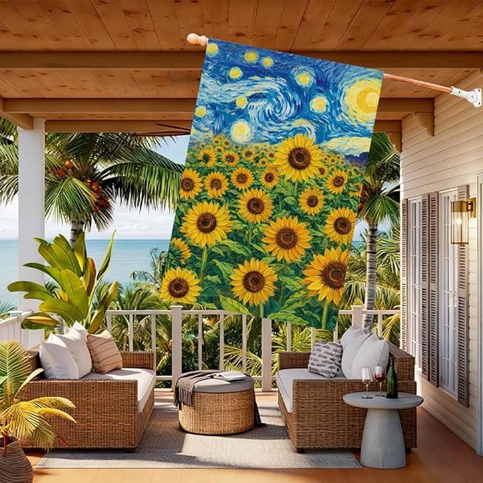 Baccessor Spring Summer Sunflowers Garden Flag 28x40 Inch Double Sided Burlap,Starry Night Flower Large Flag Seasonal Farmhouse Outside Outdoor Decoration