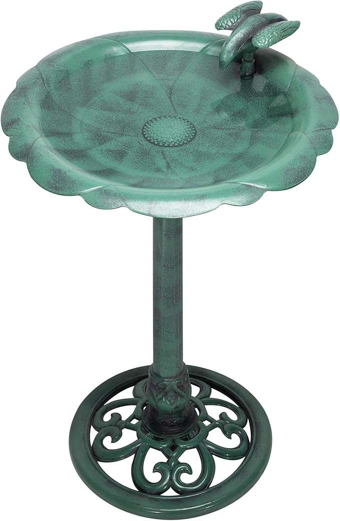 Alpine Corporation 31" Tall Outdoor Antique Flower Birdbath with Bird Decoration Yard Statue, Durable Polypropylene Construction for Patio, Deck, or Yard, Green