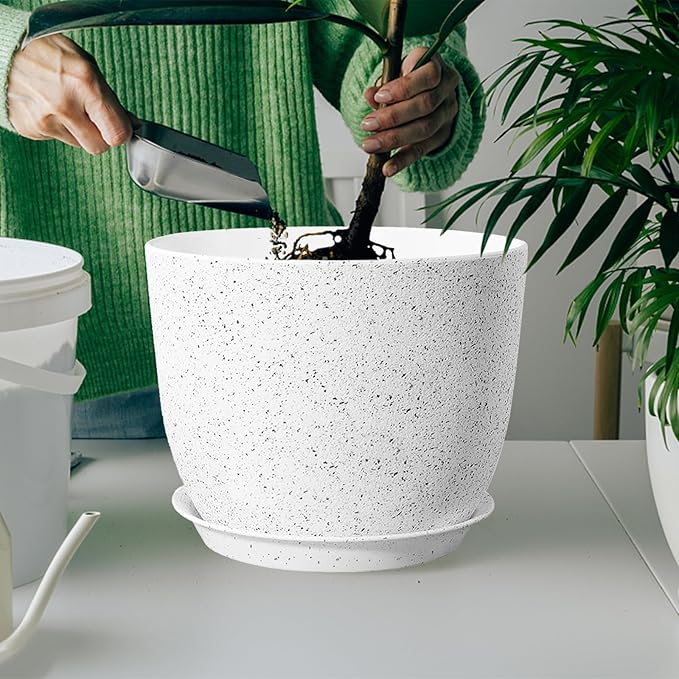 2Pack Large Indoor Planter Pot 12 Inch Plant Pot, Modern Flower Pots for Out Door Plants, Speckled White Plastic Planting Pots with Holes & Trays