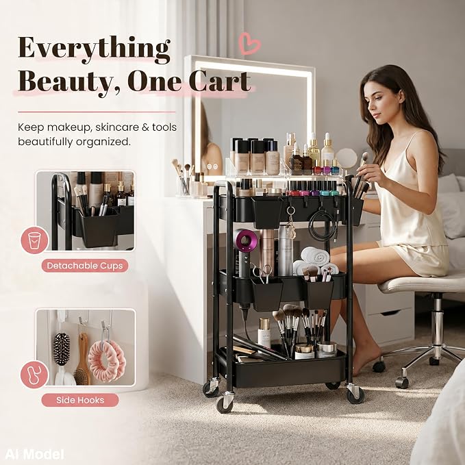 3 Tier Rolling Cart Metal with Wheels,Black Three Tiered Art Cart Organizer