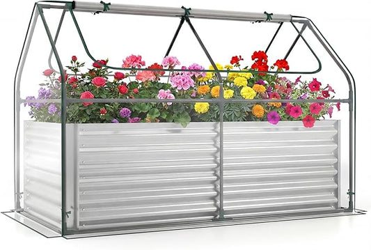 HAPPYGRILL Raised Garden Bed with Cover, Galvanized Planter Boxes Outdoor w/Mini Greenhouse, 2 Roll-up Windows & Open-Ended Base, Metal Growing Raised Bed for Vegetables (Silver, 71” x 36” x 48”)