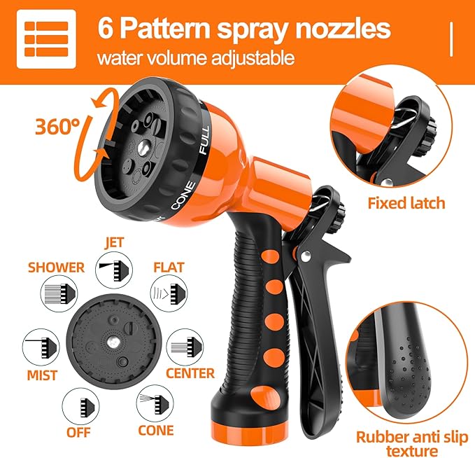SPECILITE 3/8” Lightweight Coil Garden Hose 100 FT, EVA Retractable Curly Water Pipe with 6-Pattern Spray Nozzle for Boat, Greenhouse, Yard, Patio (Orange)