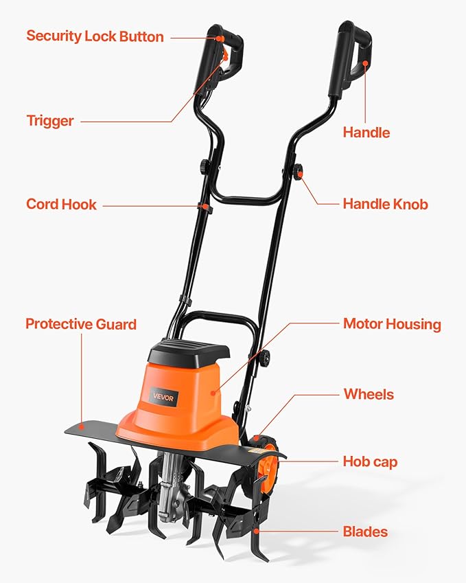 VEVOR Corded Electric Tiller, 18 Inch Tilling Width Garden Rototiller, 13.5-Amp Motor Heavy-Duty Tilling Machine, Cultivator with Steel Tines and Foldable Handle, for Lawn, Yard, and Gardening Care